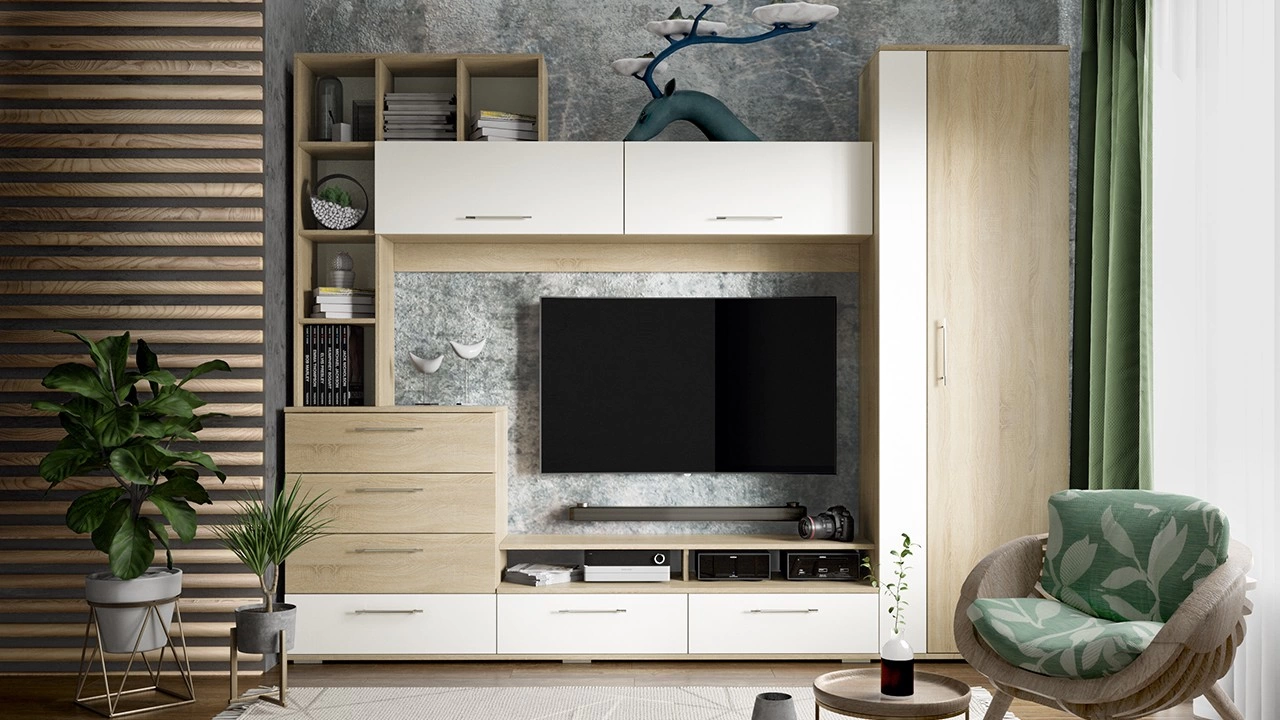 Стенка «Нэнси» Дуб Сонома/Белый Ясень (Ш-2464 x В-1947 x Г- 375 мм)